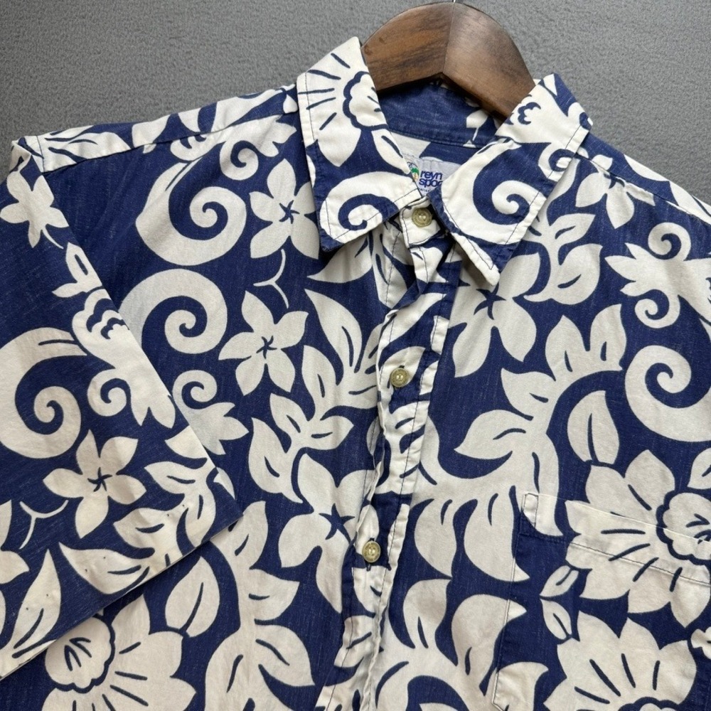 Reyn Spooner Hawaiian Shirt Blue White Floral Button Up Regular Fit XL Summer